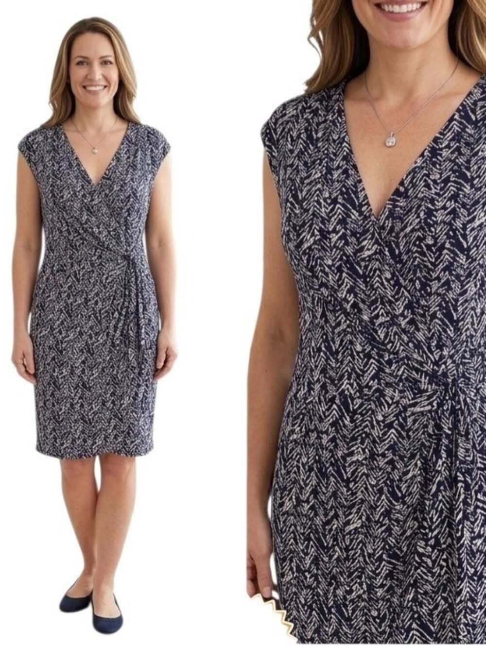 Lauren RALPH LAUREN  Navy White Faux Wrap Geometric Sleeveless Jersey Dress 16